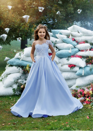 Ivory Delicate Leaf Branch Embroidered Lace Blue Satin Flower Girl Dress